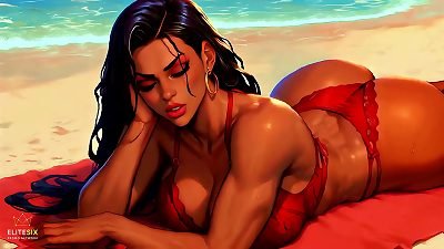 4K 100% AI Generated 3d sensitive Looping PMV &ndash; big butt black gentle Beach Twerk: bikini caboose shaking for endless Loops